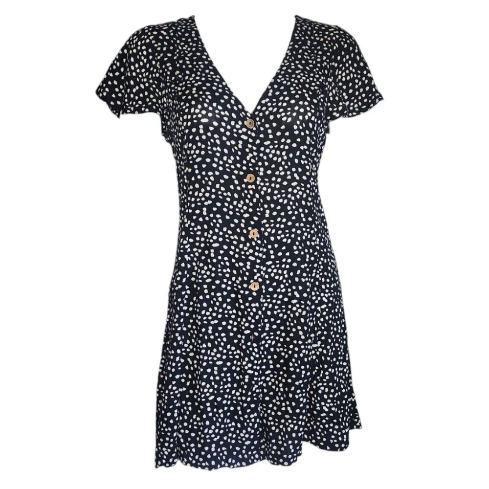 RIPCURL Black White Spotted Button Front Short‎ Sleeve Dress Womens Size S Small